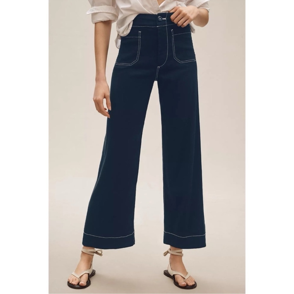 New Anthropologie The Colette Linen Crop Wide-Leg Pants Navy Contrast 26